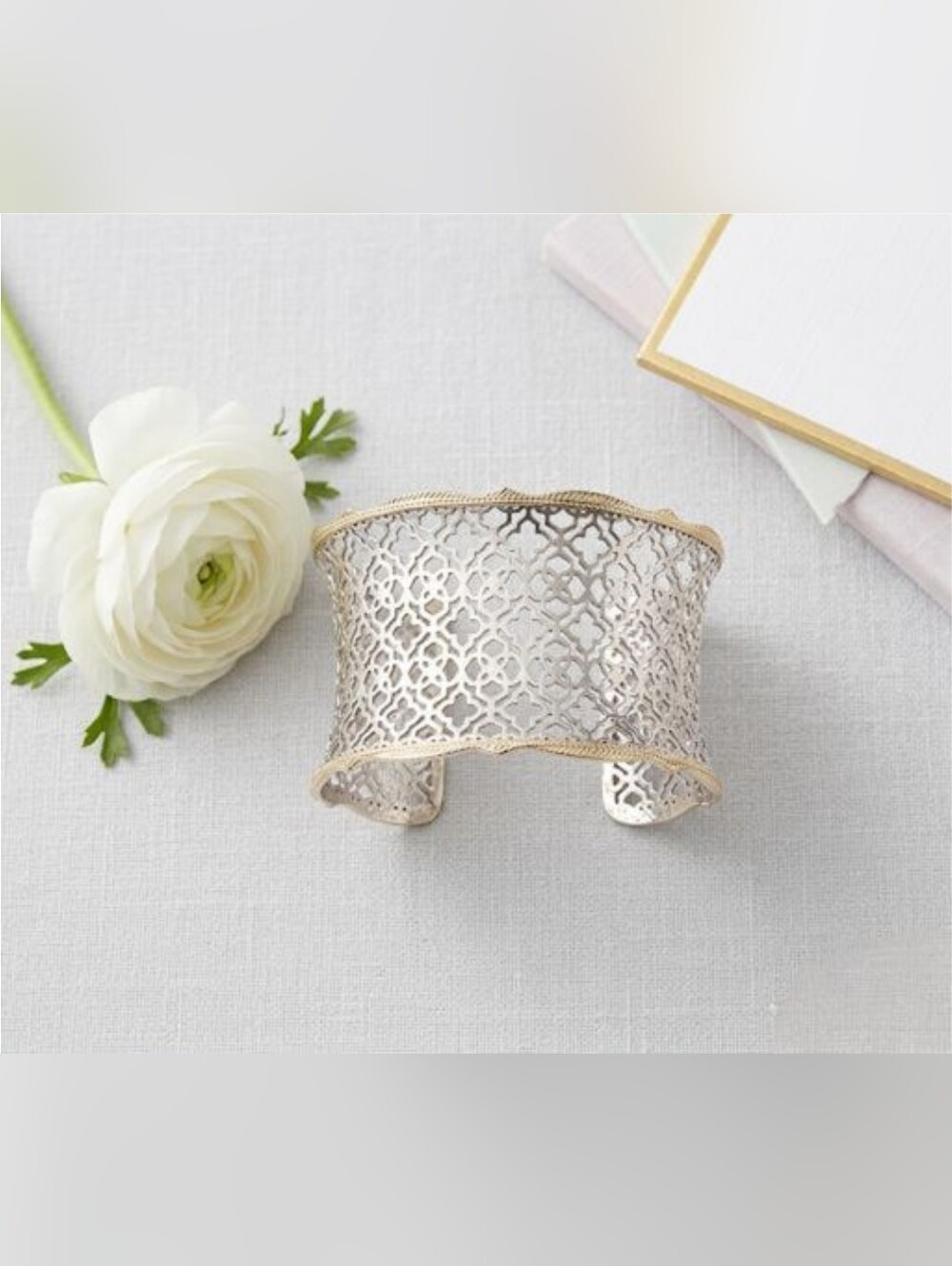 EUC Kendra Scott Candice Statement Silver With Gold Trim Filigree Cuff Bracelet
